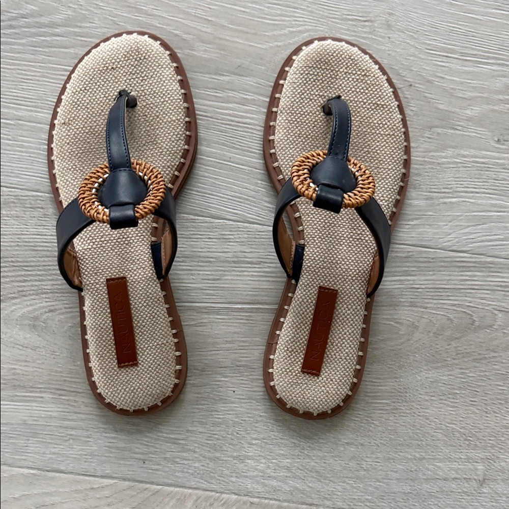 Women's Navy & Natural Rattan Ring Toe-Post Sandals